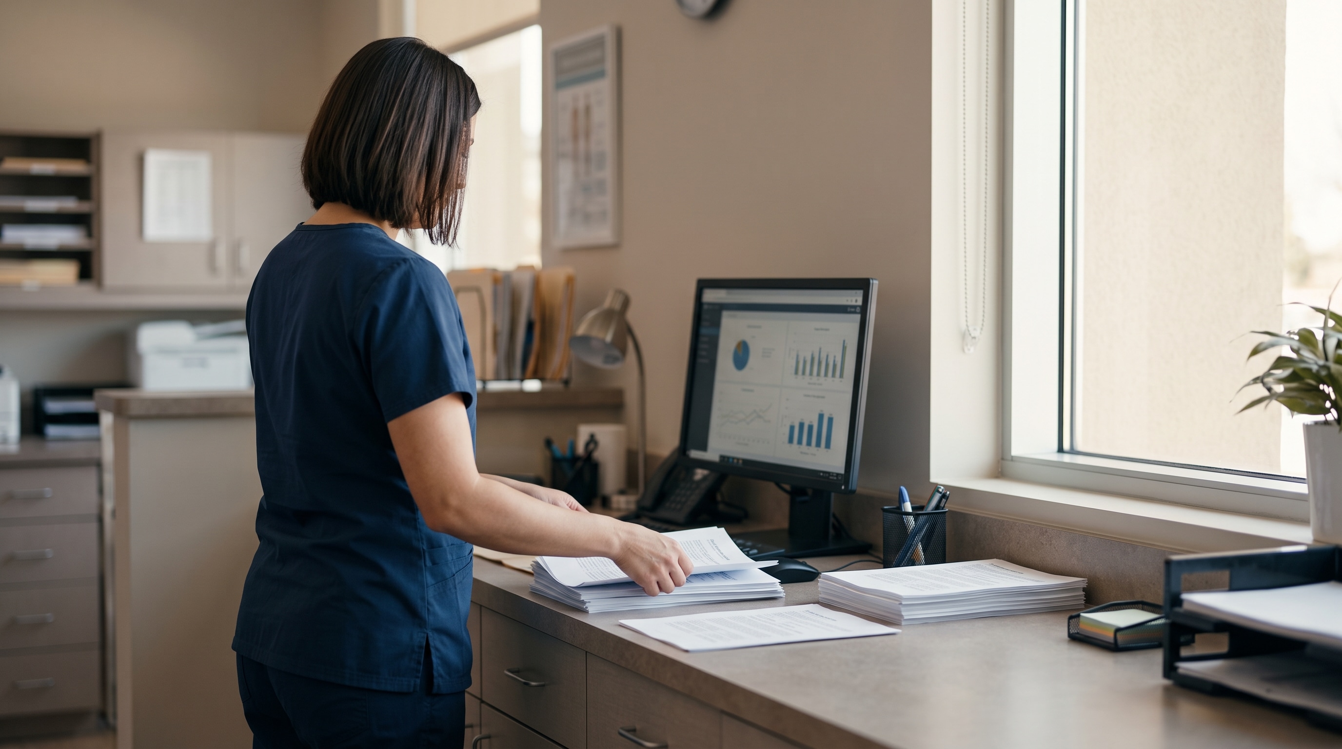 A clinician at a wound center workstation reviewing printed quality reports beside a monitor in morning light A clinician at a wound center workstation reviewing printed quality reports beside a monitor in morning light