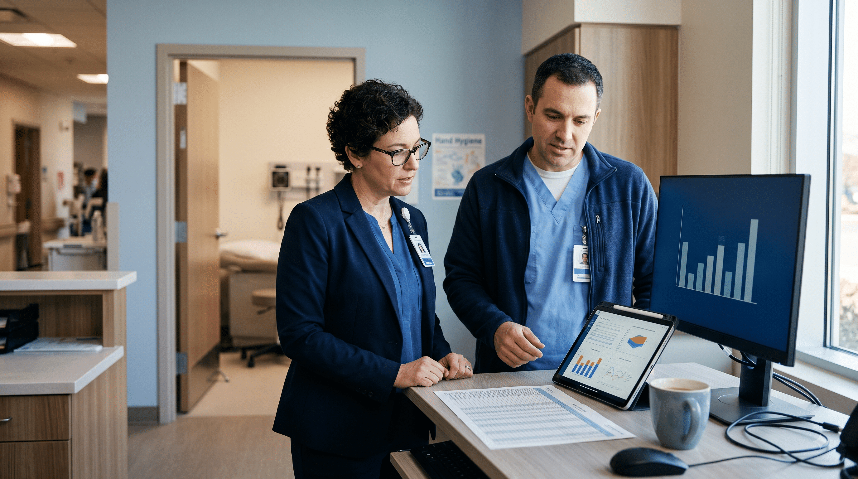 A wound center manager and a clinician reviewing quality reporting data on a tablet at a clinic workstation